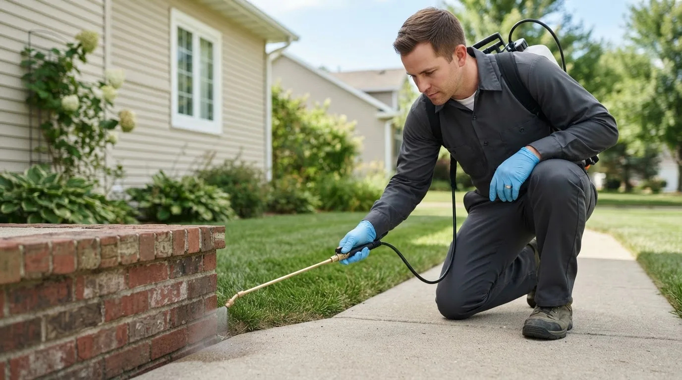 Pest control technician treating a home near Bowling Green, IN