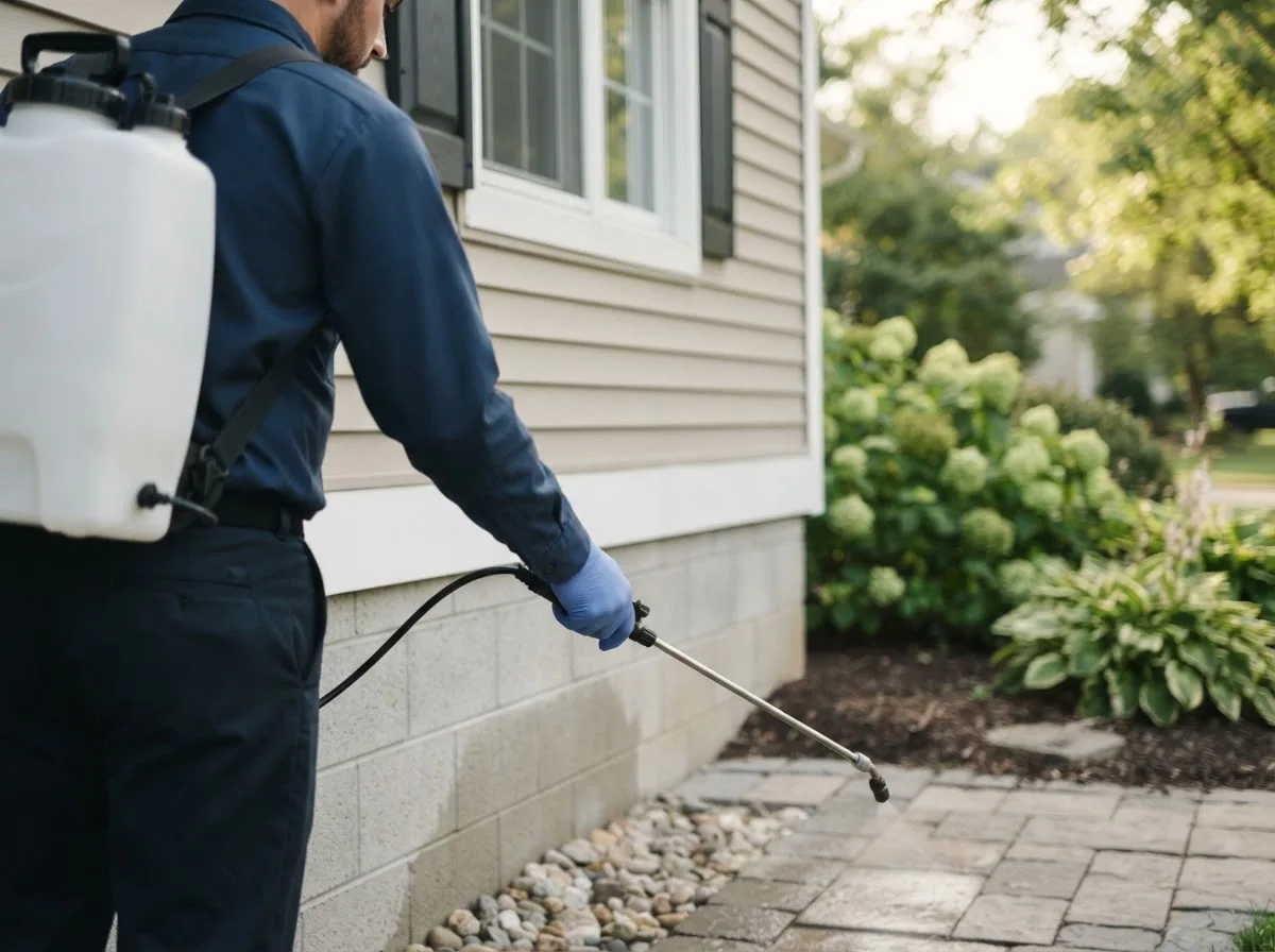 Pest control technician inspecting a home in Bowling Green, IN